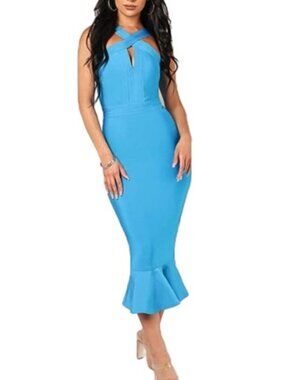 Blue mermaid bandage midi dress